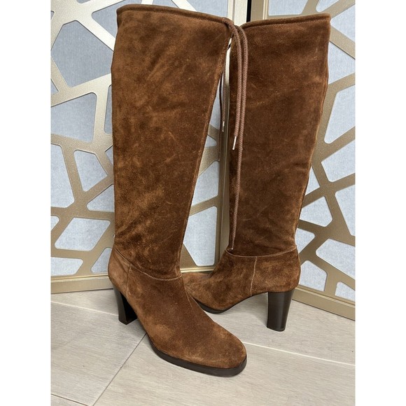 KORS MICHAEL KNEE HIGH HEEL BROWN SUEDE LEATHER Tall BOOTS ITALY sz 10 M - Picture 1 of 10